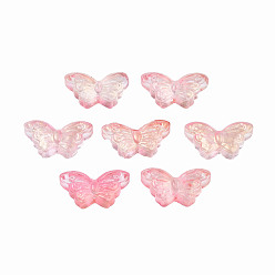 Salmon Transparent Spray Painted Glass Beads, with Glitter Powder, Butterfly, Salmon, 8x15x5mm, Hole: 0.9mm