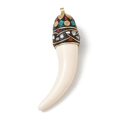 Wheat Brass & Resin & Polymer Clay & Natural Shell Big Pendants, Horn Cornicello Charm, Wheat, 91~93.5x22.5~24x23.5~24.5mm, Hole: 4~4.5x4.5~5mm