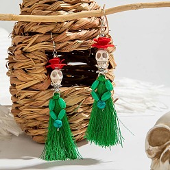 Зеленый Серьги-кисточки из сплава, акрила, смолы, стекла и хлопкового шнура на Хэллоуин, череп, платина, зелёные, 120x35 мм