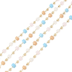 Цвет Древесины Граненый куб и круглые цепочки из бисера, с выводами из латуни свет золота, пайки, деревесиные, 3.5x3.5x3.5 мм, 2x2 мм