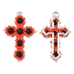 Red Natural Black Onyx(Dyed & Heated) & Glass Seed Beaded Pendants, Alloy Religion Cross Charms, Platinum, Red, 38~39x26x8mm, Hole: 3mm
