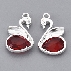 Silver Eco-Friendly Alloy Glass Pendants, Faceted, Nickel Free, Swan, FireBrick, Silver Color Plated, 20x12.5x4mm, Hole: 1.5mm