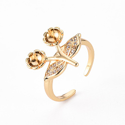 Real 18K Gold Plated Brass Micro Pave Clear Cubic Zirconia Peg Bails Cuff Finger Ring Settings, for Half Drilled Bead, Nickel Free, Flower, Real 18K Gold Plated, US Size 6 1/4(16.7mm), Pin: 0.8mm(for Half Drilled Bead)