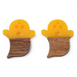 Gold Halloween Theme Resin & Walnut Wood Pendants, Ghost, Gold, 28.5x22.5x3mm, Hole: 1.8mm