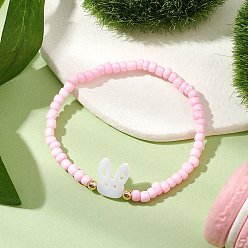 Pink Стрейч-браслеты из бисера, с натуральными пресноводными ракушками, кролик, розовые, внутренний диаметр: 2-1/8 дюйм (5.45 см)