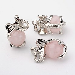 Rose Quartz Natural Rose Quartz Pendants, Elephant, with Brass Findings, Platinum, Lead Free & Nickel Free, 31x20x26mm, Hole: 4x6mm