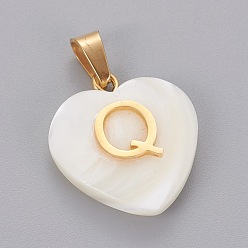Letter Q Shell Anhänger, mit 304 Edelstahl Zubehör, Herz mit Brief, golden, letter.q, 23.5x20x7 mm, Bohrung: 3.5x7 mm