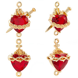 Настоящее золото 16K 6 шт. 2 стили латунные подвески-шармы в виде сердца из огнеупорного кирпича с кубическим цирконием и мечом/священным сердцем Иисуса, реальный 16 k позолоченный, 20~22x12.5~16.5x8~8.5 мм, отверстие : 1.4 мм, 3 шт / стиль