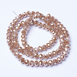 Camel Electroplate Opaque Solid Color Glass Beads Strands, Platinum Plated, Faceted, Rondelle, Camel, 8x6mm, Hole: 1mm, about 65~68pcs/strand, 15.7~16.1 inch(40~41cm)