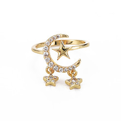 Real 18K Gold Plated Clear Cubic Zirconia Moon & Star Cuff Ring, Brass Drop Charm Open Ring for Women, Nickel Free, Real 18K Gold Plated, US Size 6 1/4(16.7mm)