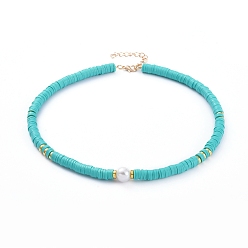 Бирюза Бисера ожерелья, с бисером из полимерной глины хэйси, Стеклянные жемчужные бусины, латунные обжимные бусины и застежки из лобстера из цинкового сплава, бирюзовые, 15.66 дюйм (39.8 см)