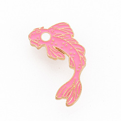 Hot Pink Rack Plating Alloy Enamel Brooches, Enamel Pins, with Butterfly Clutches, Fish, Cadmium Free & Nickel Free & Lead Free, Light Gold, Hot Pink, 38.5x23mm, Pin: 1mm