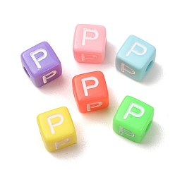 Couleur Mélangete Perles européennes opaques acrylique, Perles avec un grand trou   , cube avec la lettre p, couleur mixte, 10x9x9~9.5mm, Trou: 4mm, environ580 pcs / 500 g
