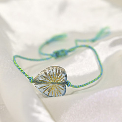 Medium Aquamarine Boho Handmade Lampwork Heart Adjustable Braided Cotton Cord Bracelets for Women, Medium Aquamarine, 11.02 inch(28cm)