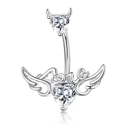 Прозрачный 304 изогнутые кольца для живота с подвеской из нержавеющей стали и кубическим цирконием, сердце с крыльями ангела, цвет нержавеющей стали, прозрачные, длина стержня: 3/8"(10мм), штифты : 1.2 мм