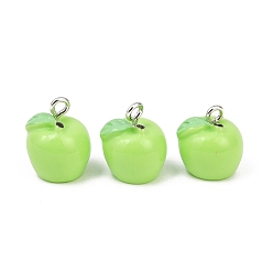 Светло-зеленый Подвески из непрозрачной смолы, окрашенные распылением, имитация еды, яблочный шарм, с платиновыми тоновыми железными петлями, светло-зеленый, 14.5x12~13 мм, отверстие : 2 мм