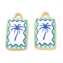 Pale Green Printed Brass Pendants, Rectangle with Coconut Tree Charms, Rack Plating, Long-Lasting Plated, Lead Free & Cadmium Free, Real 18K Gold Plated, Pale Green, 23x12.5x3.5mm, Hole: 2mm