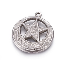 Edelstahl Farbe Anlaufgeschützt 304 Anhänger aus Edelstahl, Wicca-Anhänger, flach rund mit Stern, Edelstahl Farbe, 29x26x2.5 mm, Bohrung: 2.4 mm
