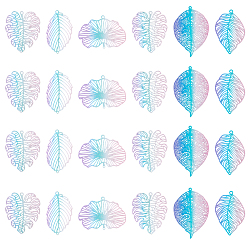 Разноцветный 24 шт. 6 стили латунные филигранные подвески-соединители, окрашенные распылением, градиентный цвет ссылки на листья монстеры, гравированные металлические украшения, красочный, 28.5~42.5x21.5~39.5x0.4 мм, отверстия : 1.2 mm и 1.8 мм, 4 шт / стиль
