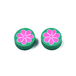 Sea Green Handmade Polymer Clay Beads, Flat Round with Flower, Sea Green, 9~10x4~4.5mm, Hole: 1.2~1.8mm