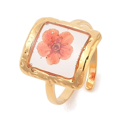 Золотой Квадратное ионное покрытие (IP) 304 открытые манжеты из нержавеющей стали для женщин, с эпоксидной смолой и сухоцветом внутри, золотые, 15.5 мм, регулируемый