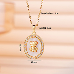 Медведь Подвеска из латуни с микропаве из прозрачных кубических цирконий и натуральным белым перламутровым камнем 304 цепочка из нержавеющей стали для женщин, реальный 18 k позолоченный, медведь, 15.75 дюйм (40 см), Кулон : 23.2x17 мм