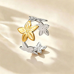 Golden & Stainless Steel Color 304 Stainless Steel Cuff Open Rings for Women, Flower, Golden & Stainless Steel Color, US Size 4 1/4(15mm)~20mm