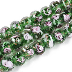 Морско-зеленый Нити бусин-рондель с внутренним цветком ручной работы в технике лэмпворк, с золотой порошок, цвета морской волны, 8~10x10~11 мм, отверстие : 0.9~1.4 мм, около 35 шт / нитка, 10.83~11.42'' (27.5~29 см)