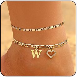 Letter W Двухслойные браслеты для щиколотки с латунными кристаллами и стразами в форме сердца, золотые, Буква W, 7-7/8 дюйм (200 мм), 2 шт / комплект