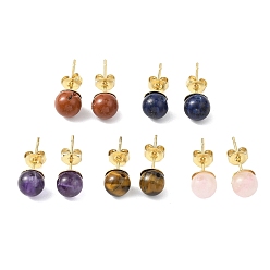 Смешанные камни Круглые серьги-подвески из натуральных смешанных драгоценных камней, С 304 результатами из нержавеющей стали, 18.5x6.5 мм