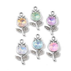 Platinum UV Plating Alloy Glass Pendants, Tulip Flower Charm, with Rhinestone, Faceted, Mixed Color, Platinum, 24x12x5.5mm, Hole: 1.8mm
