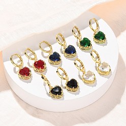 (52) Непрозрачная лаванда Серьги-кольца в форме сердца из латуни и стекла ко Дню святого Валентина, без свинца и без кадмия, долговечный, стойки покрытие, реальный 18 k позолоченный, разноцветные, 28x12.5 мм