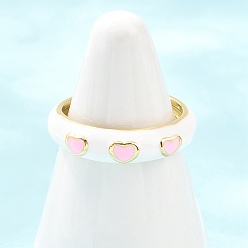 White Brass Enamel Cuff Open Rings, Heart, Cadmium Free & Lead Free, Long-Lasting Plated, Rack Plating, Real 18K Gold Plated, White, 5mm, Inner Diameter: 17mm