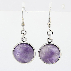 Amethyst Fashion Natural Amethyst Earrings, with Brass Earring Hooks, Half Round/Dome, 44~45x18~19mm, Pin: 0.6mm