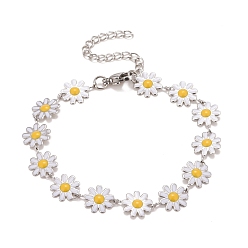 Mixed Color Enamel Daisy Link Chains Bracelet, 304 Stainless Steel Jewelry for Women, Stainless Steel Color, Mixed Color, 7-1/4 inch(18.4cm)