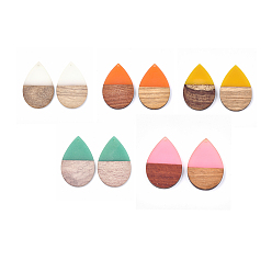 Mixed Color Resin & Wood Pendants, Teardrop, Mixed Color, 49x32x4mm, Hole: 1.8mm