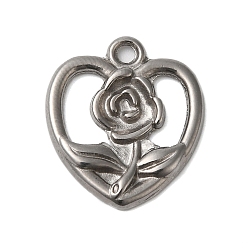 Нержавеющая Сталь Цвет Устойчивые к потускнению 304 подвески из нержавеющей стали, сердце с цветочными подвесками, цвет нержавеющей стали, пригодный для стразов 1.1 мм, 18x16x2 мм, отверстие : 1.6 мм