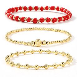 Красный 3Штукатурные браслеты из круглых бусин из стекла и латуни, эластичные., составные браслеты для женщин, золотые, красные, 6.50 дюйм (16.5 см) ~ 6.89 дюйм (17.5 см)