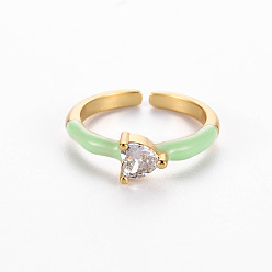 Honeydew Brass Enamel Cuff Rings, Open Rings, Solitaire Rings, with Clear Cubic Zirconia, Nickel Free, Heart, Golden, Honeydew, US Size 7(17.3mm)