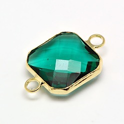 Teal Golden Tone Brass Glass Square Links connectors, Faceted, Teal, 20x13x5mm, Hole: 1.5mm
