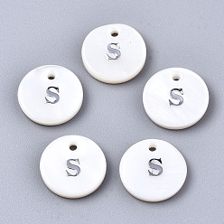 Letter S Natural Freshwater Shell Pendants, with Platinum Plated Iron Etched Metal Embellishments, Flat Round with Initial Letter, White, Letter.S, 11x2mm, Hole: 1.5mm