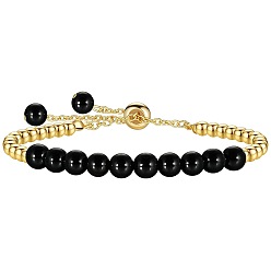 Black Onyx Натуральный черный оникс (окрашенный и термически обработанный) 304 Регулируемые браслеты из нержавеющей стали с круглыми бусинами для мужчин и женщин, реальный 18 k позолоченный, 6.30 дюйм (16 см)