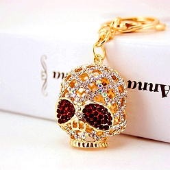 Siam Alloy with Rhinetone Skull Head Keychain, Siam, 9cm