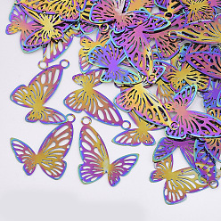 Rainbow Color Ионное покрытие (ip) 201 филигранные подвески из нержавеющей стали, гравированные металлические украшения, бабочка, Радуга цветов, 22.5x22x0.3 мм, отверстие : 2 мм