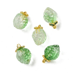 Лайм Прозрачные стеклянные подвески, клубника, с золотой эмали сплава выводов, два тона, желто-зеленые, 18x12x10.5 мм, отверстие : 1.5 мм