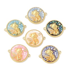 Angel & Fairy Epoxy Resin & Shell Connector Charms, Rack Plating Brass Pave Clear Cubic Zirconia Flat Round Links, 18K Gold Plated, Mixed Color, Long-lasting Plated, Cadmium Free & Lead Free, Angel & Fairy, 22x18x4mm, Hole: 1.2mm