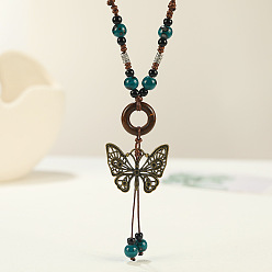 чирок Длинные ожерелья с подвеской в виде бабочки из сплава и фарфора в этническом стиле для женщин, античная бронза, зелено-синие, 15.75~31.50 дюйм (40~80 см)