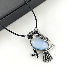 Опал Опаловая сова кулон черный искусственная кожа шнур ожерелья для женщин, античное серебро, 16.93 дюйм (43 см)