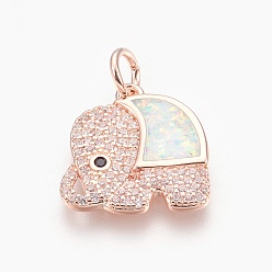 Rose Gold Brass Micro Pave Cubic Zirconia Pendants, with Synthetic Opal, Elephant, White, Rose Gold, 17x16x2.5mm, Hole: 4mm