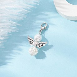 Античный Серебристый & Платиновый 50шт. акриловые искусственные жемчужины и стеклянные жемчужины подвесные украшения в виде ангела, с крыльями из сплава и застежками-клешнями, белые, старинное серебро и платина, 38 мм, Кулон : 28x22x10 мм